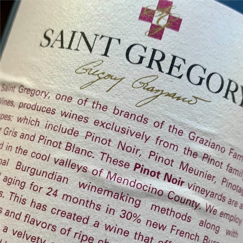 Saint Gregory Pinot Noir backlabel