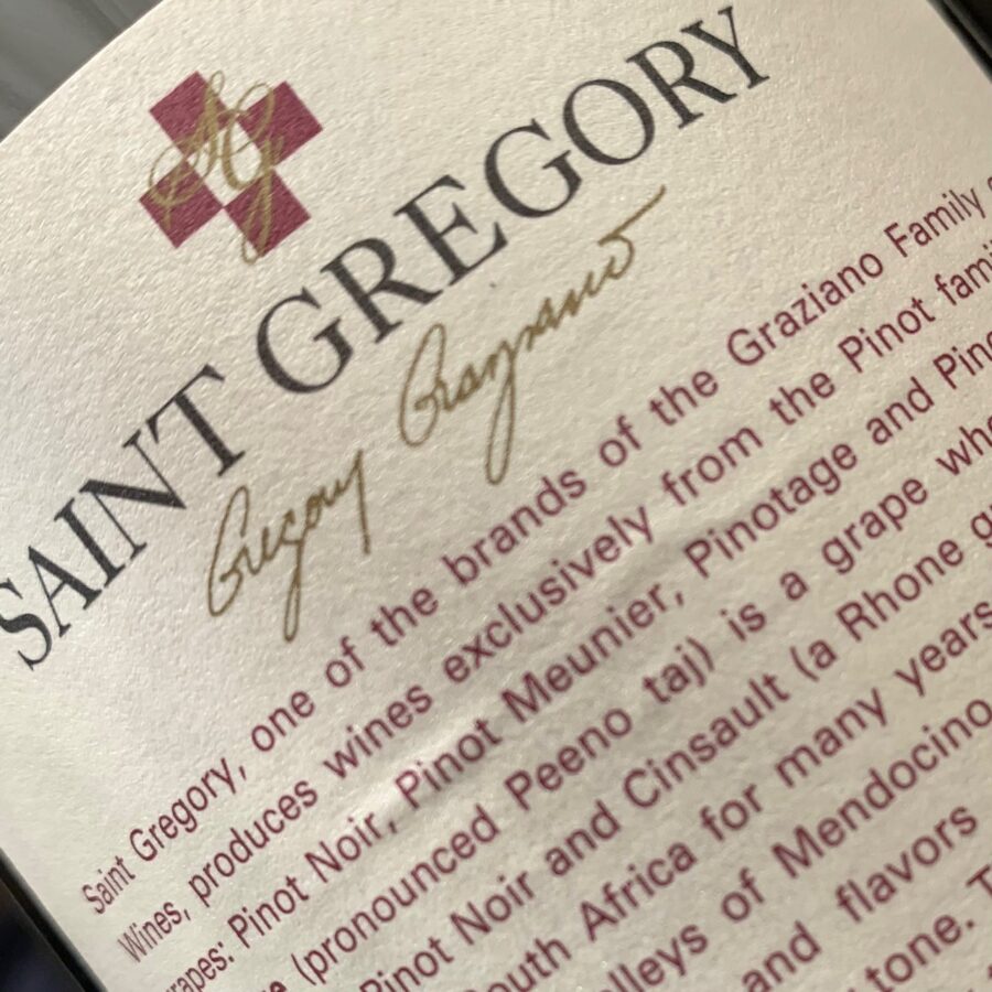 Saint Gregory Pinotage Graziano Wines baglabel